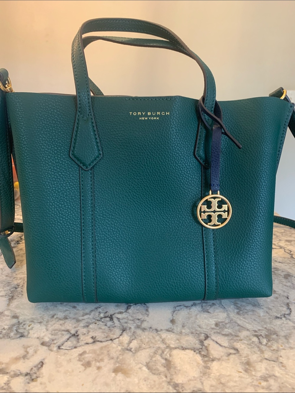 Tory Burch Deep Green Pebbled Leather Tote with Logo Charm